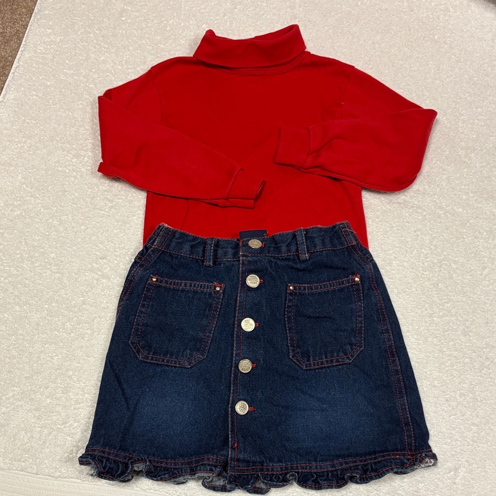 Vintagr got 2b real denim ruffle red stitch skirt and turtleneck set size 6